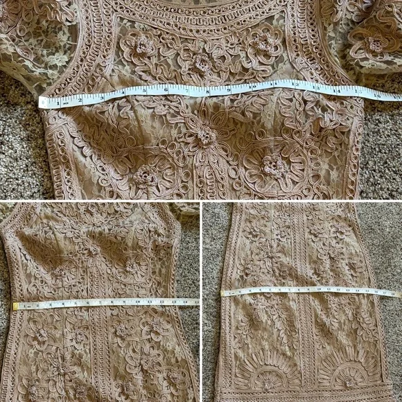 Sue Wong Nocturne Crochet Lace ribbon and rosette mesh sheath Beige dress size 2